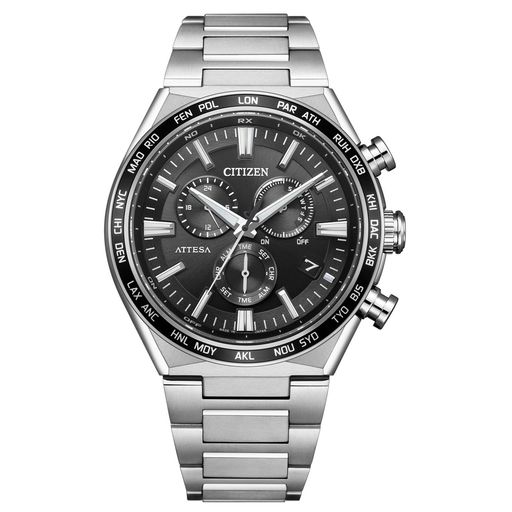 [CITIZEN]腕時計ATTESA(電波時計/防水/クロノグラフ)CB5966-69E軽量チタン光発電エコ・ドライブACTLineサファイアガラスフィットアジャスターメンズ日付秒針シルバーブラック黒アナログビジネス