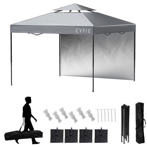 CYFIEタープテントワンタッチ3mx3mサイドシート1枚付きワンタッチUVカット耐水スチール製キャンプワンタッチテント遮光アウトドア用遮熱組み立て簡単イベントテント運動会業務用(グレー3x3m