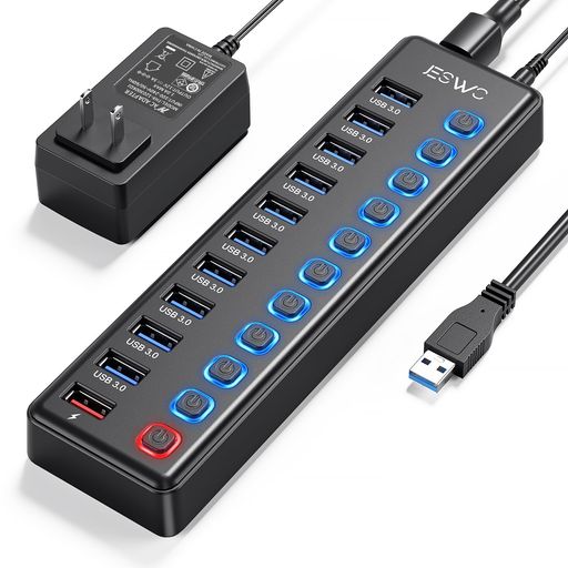 JESWOUSBハブ電源付きUSB3.0ハブ10ポートの拡張+1充電ポートセルフパワーUSBHub5Gbps高速データ伝送USB3.0拡張独立スイッチ付き12V3AACアダプタ付き