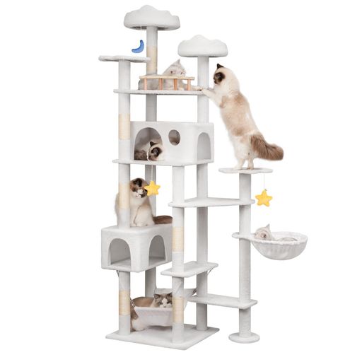 Meecalキャットタワー大型猫用猫タワー多頭飼い雲型い猫ベッド猫ハウス広いハンモック天然サイザル麻爪研ぎポール見晴らし台ぬいぐるみキャットタワー人気おもちゃ可愛据え置き転倒防…