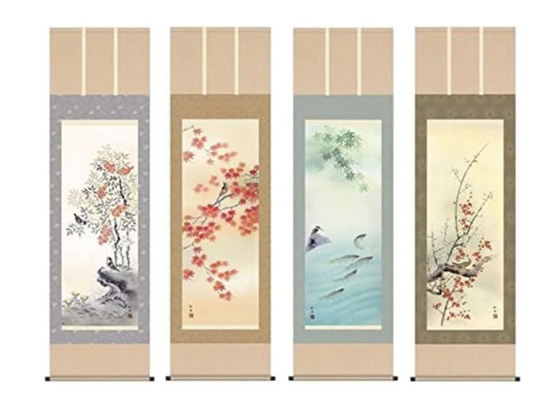 掛け軸／掛軸 田村竹世・四季花鳥（四福揃え）（花鳥画掛け軸・掛軸）（床の間）