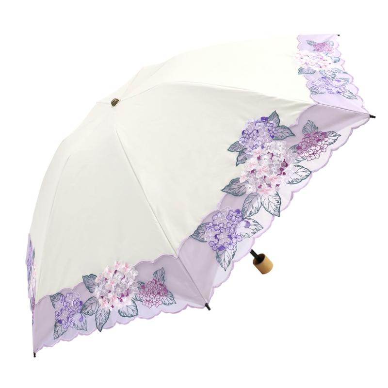 [シノワズリーモダン]日傘 折りたたみ レディース１級遮光 UVカット 晴雨兼用 カットワーク刺繍 オーガンジー 3段折りたたみ 軽量 紫陽花刺繍