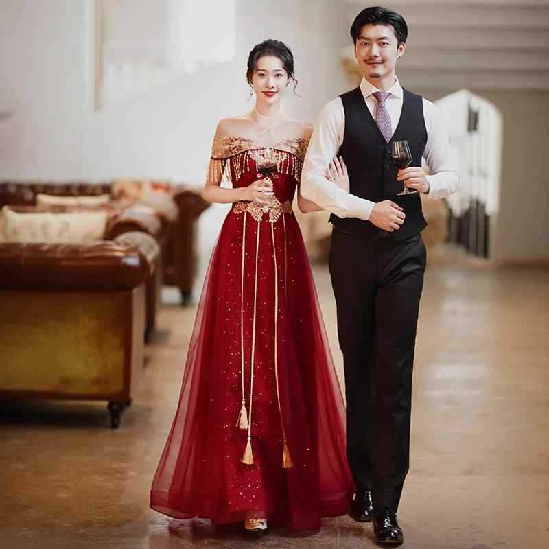チャイナドレス レディース パーティードレス 結婚式 花嫁 ウェディング 二次会 披露宴 お呼ばれ 謝恩会 フォーマル 演奏会 発表会 膝丈 ひざ丈 半袖 レッド 赤 ボルドー ワインレッド リボン 刺・墸 Aライン チャイナ風 上品 エレガント レトロ ｜クリエイティブグローバル