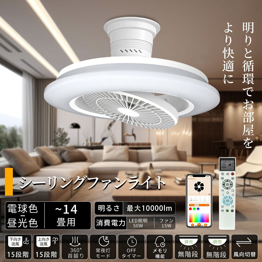 シーリングファンライト 12畳対応 正逆回転 サーキュレーター付き シーリングサーキュレーター LED ファン付き照明 無階段調光調色 電球色 昼光色 昼白色 リモコン付き 薄型 静音 三相DCモーター搭載 正逆回転機能 Alexa対応 天井照明 エアコン 脱衣所 寝室 北欧 和室 洋室｜creditshop