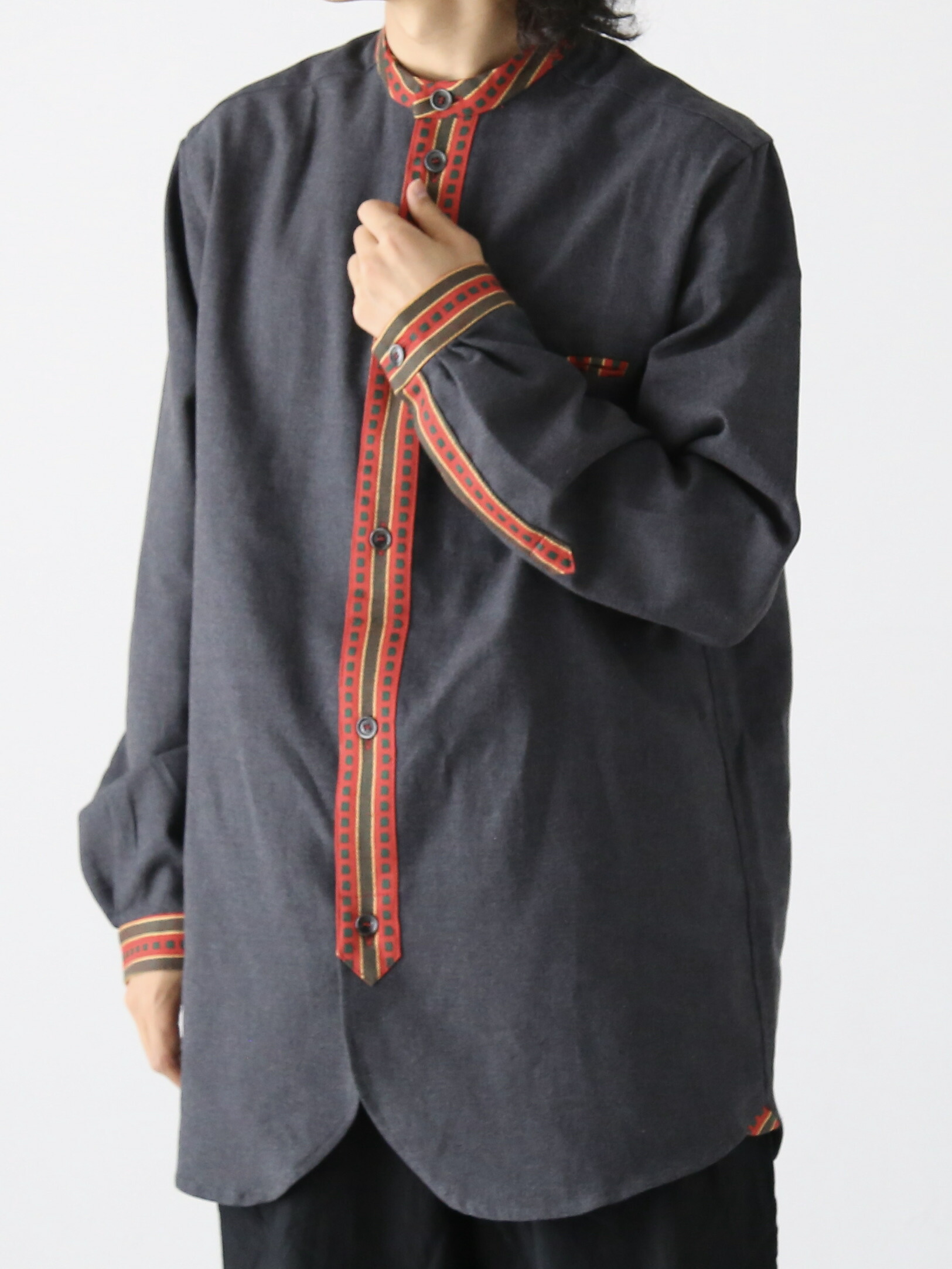 Unlikely Open Collar Work シャンブレー シャツ L Unlikely Open Collar Work Chambray with Flower(Indigo) - H-L