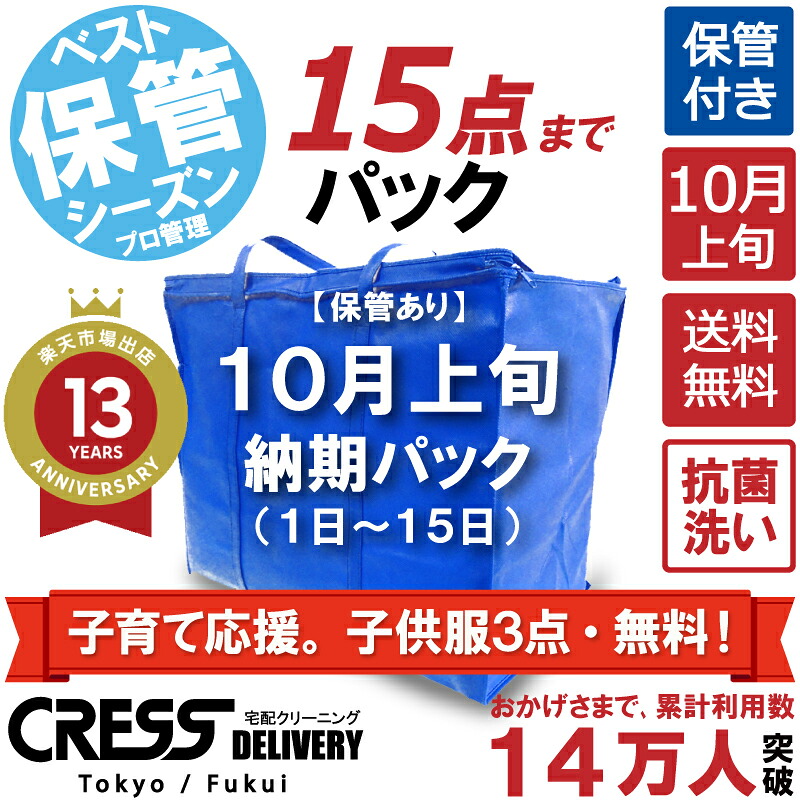 【1,000円OFFクーポン付き・4/10まで】 期間限定！子育て応援。 子供服３点・無料！ 【送料無料】 【10月上旬パック・15点】 宅配クリーニング 保管 宅配 クリーニング 詰め放題 ダウン 枚数制限なし 宅配クリーニング クレス 保管サービス 保管付き 1000