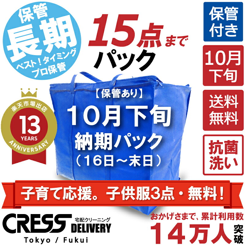【1,000円OFFクーポン付き・4/10まで】 期間限定！子育て応援。 子供服３点・無料！ 【送料無料】 【10月下旬パック・15点】 宅配クリーニング 保管 宅配 クリーニング 詰め放題 ダウン 保管付き 上位 クレス クリーニング 保管クリーニング 15点 1000