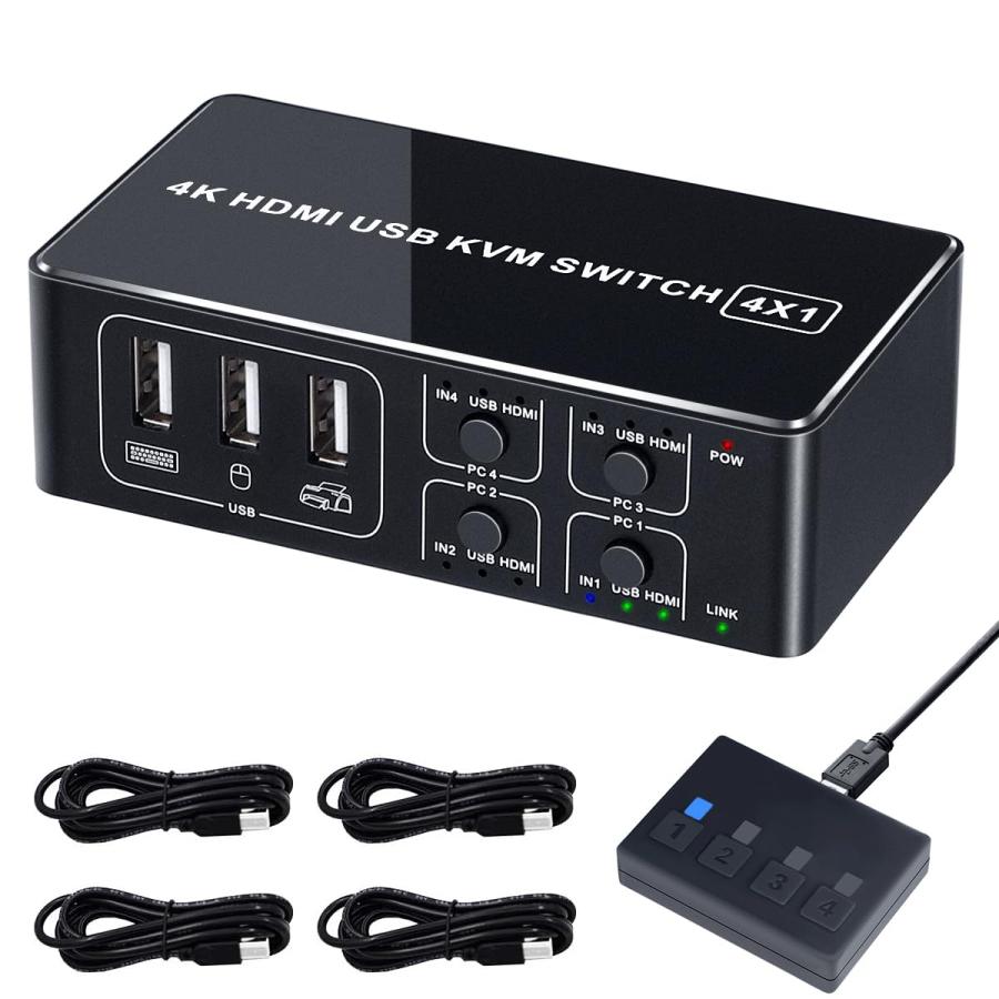 KVMスイッチ 4K60Hz HDMI USB 切替器 PC4台用 4入力1出力 アルミ制 モニター/キーボード/マウス/プリンタを共有 リモート切