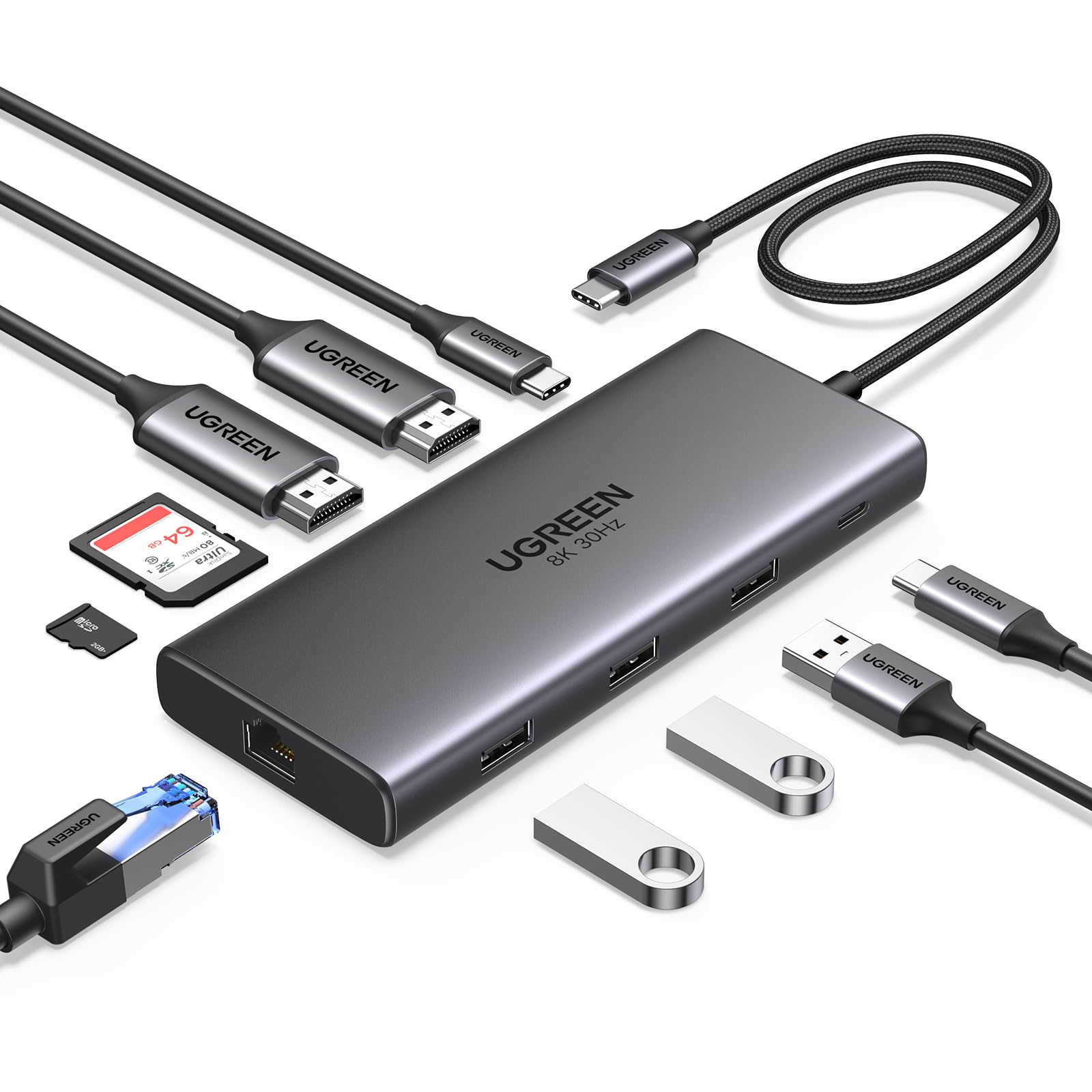 UGREEN Revodok Pro 210 10 インチ 1 USB-C縛ステイション USB cこしき 二つHDMI取りひろげる4K@60サイクル 一個取りひろげる8K@30サイクル USB A *3+ USB-C 5Gbps資料伝える界面 100W PD手っとり早い申し受ける 1Gbpsイーサネットポート SD Micro SD/TFカードリー