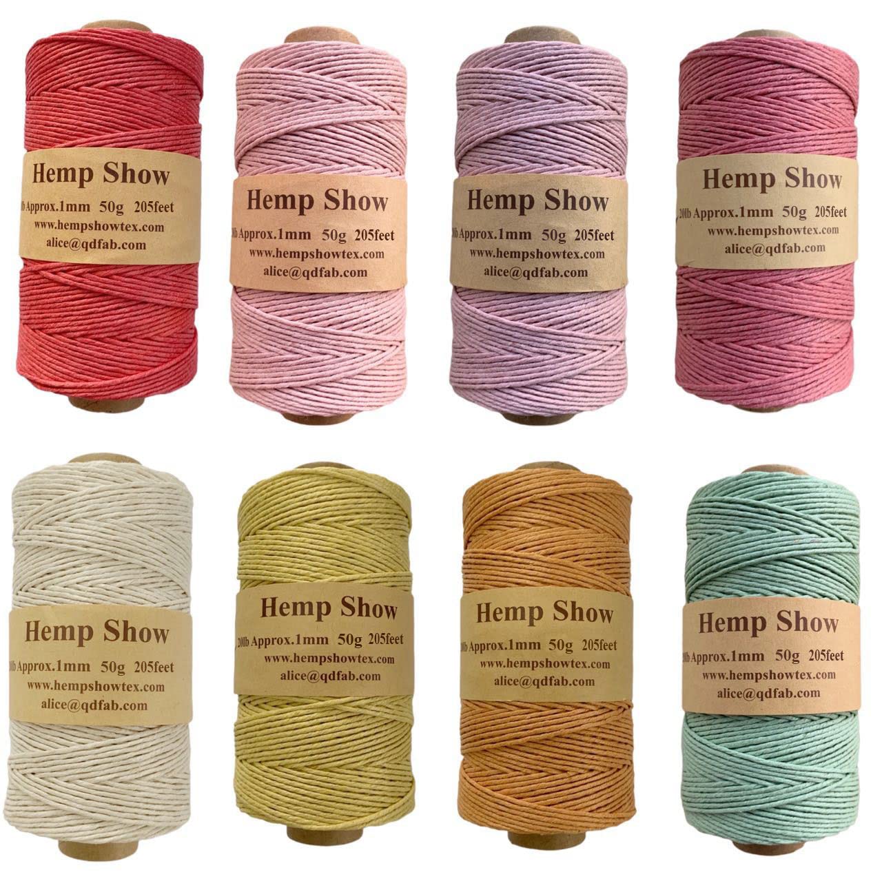 【HEMP SHOW】8色 マカロンカラー ヘンプ麻ひも 手芸紐 麻紐 吊りひも 御手手お手伝いさんや手芸やDIYに 太さ1粍約60m/巻x8巻