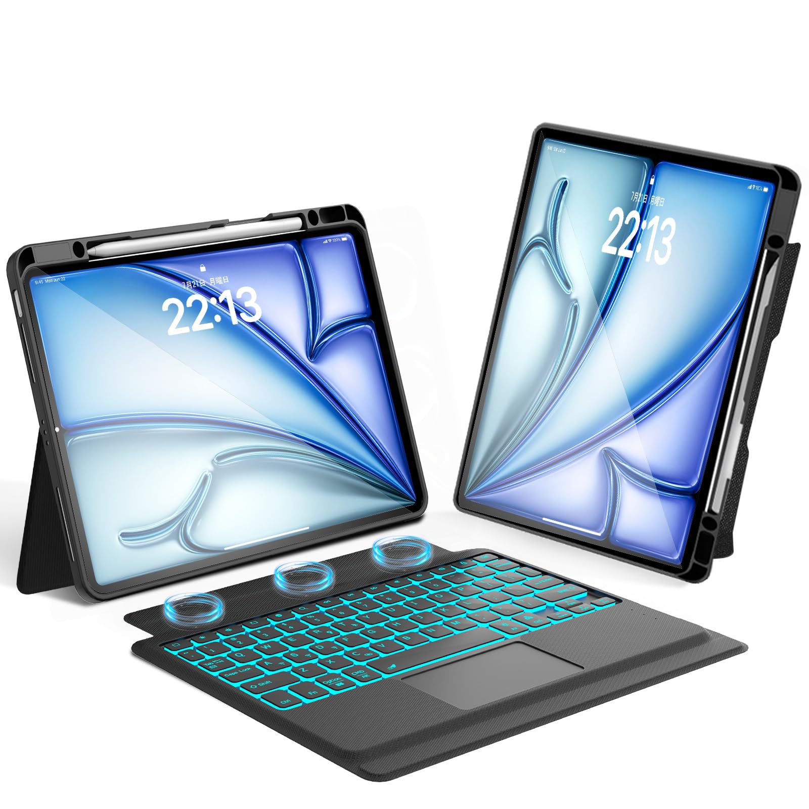 【2026新御出座し】iPad Air 13in 容れもの 鍵盤 (M4 2026,M3 2025,M2 2024)相応う 横/縦置き タッチパッド付き添い人 iPad Pro 12.9 鍵盤 容れもの (第6/5/4/3時人)兼用 磁気引きはなつ式 マルチペアリング 軽さ 薄