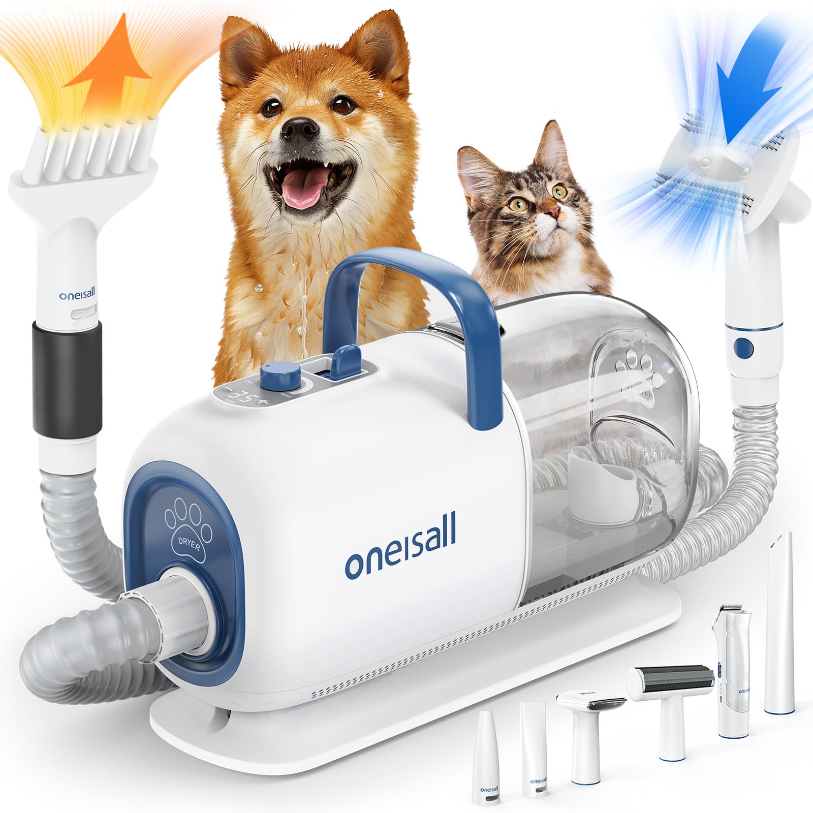 【速乾身寄り用 犬 ドライヤー】oneisall 8インチ1 吸い付ける式 ペットグルーミング洗い濯ぎ機?愛玩動物ドライヤー一体型/吸い込む バリカン 毛はらい付き添い人/いけ図々しい量 7 段体温合わせる 犬・猫両用/低耳障りな音 60dB 以下/多頭飼