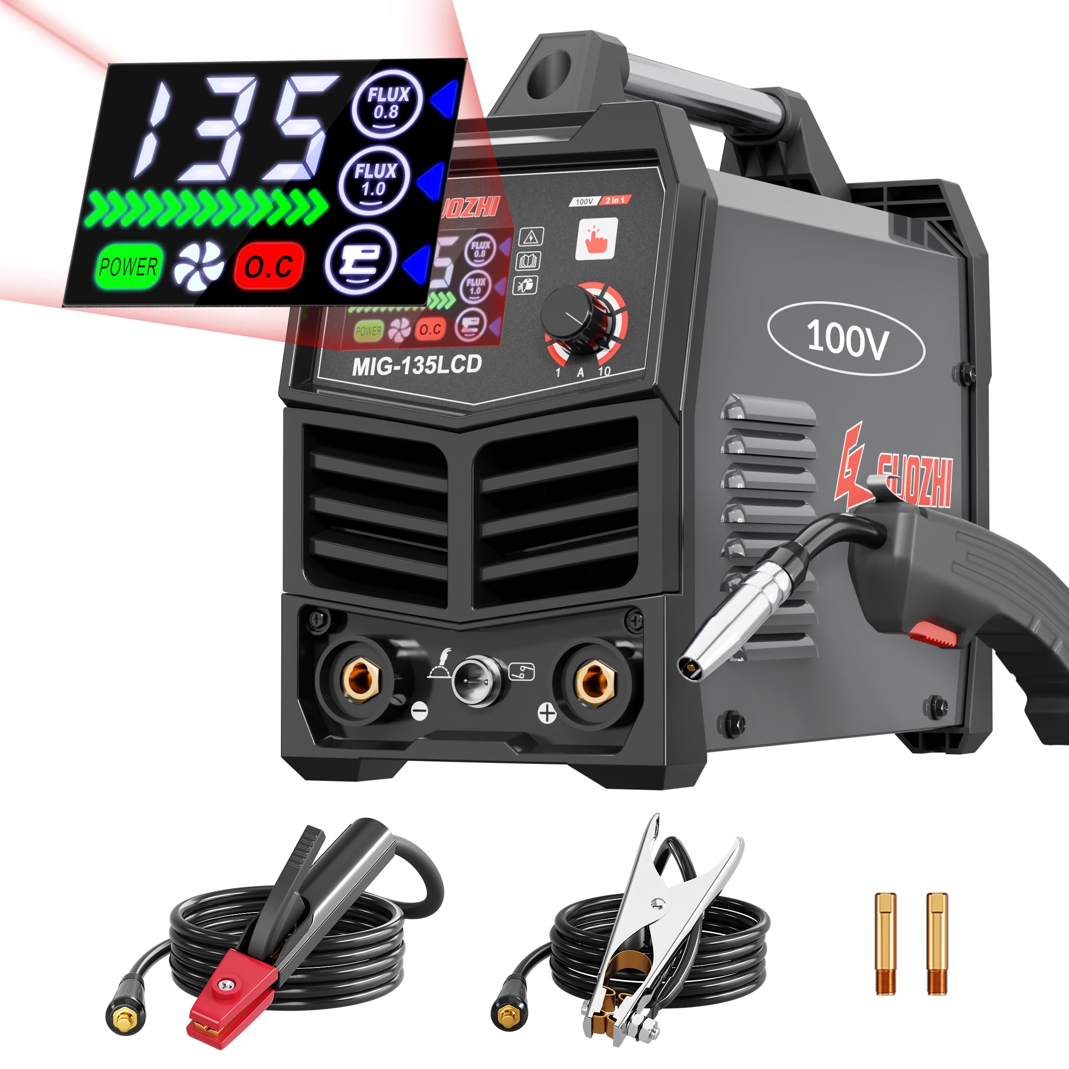 GZ GUOZHI 半自動小銃溶接機 100v 弧線溶接 ノンガスワイヤー溶接 1台2役 はたご屋取り替えっこ直流 溶接機 定格当て嵌める率60% 小型 軽さ 身寄り用 灯し火溶接機 MIG-135LCD