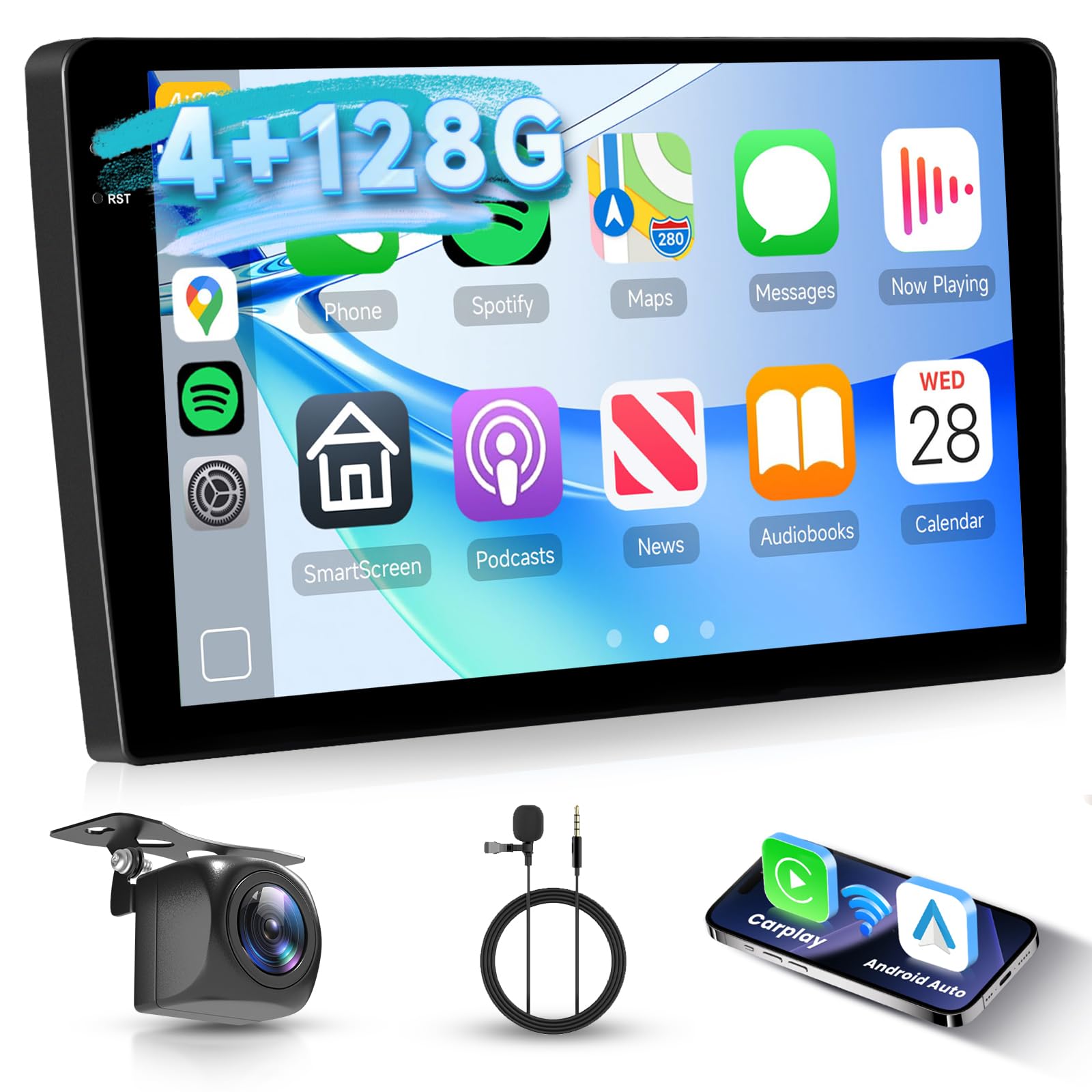 Hodozzy 4G+128G Android鉄道車両ステレオ 10in 2DIN -IPSタッチスクリーンステレオ、無線電話CarPlay/Android Auto相応う、ダブルDIN鉄道車両ラジオ受信機 GPSナビゲーション Bluetooth DSP、無線LAN、FM RDS、カーオーディオバ