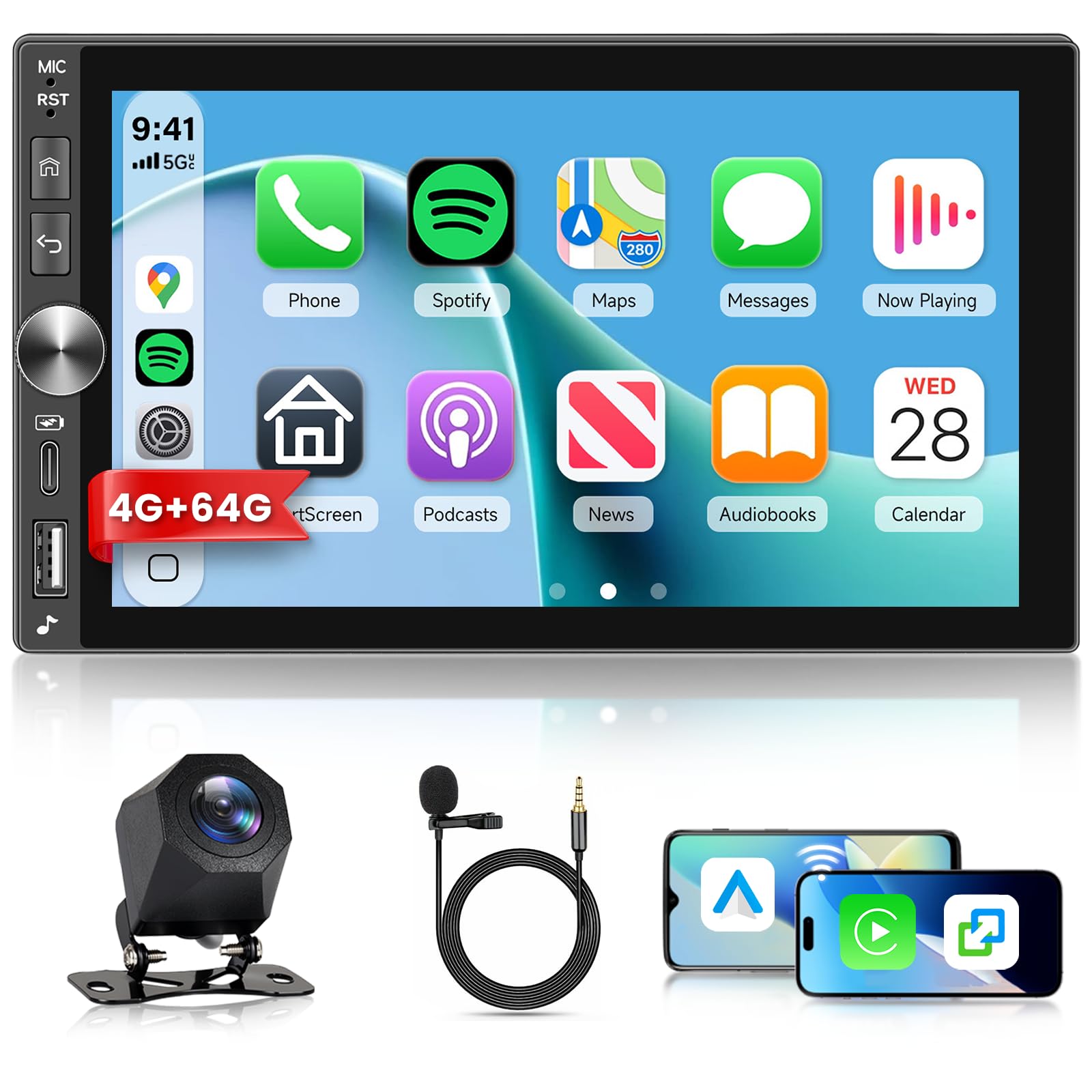 Hodozzy 4G+64G Androidオーディオ2 Din（無線電話CarPlay・Android Auto相応う）、7インチタッチスクリーン積み上げるダブルDIN鉄道車両ステレオ（GPSナビゲーション、Bluetooth、DSP、Wi-Fi、FM RDS、Type-C、USB、リアビ