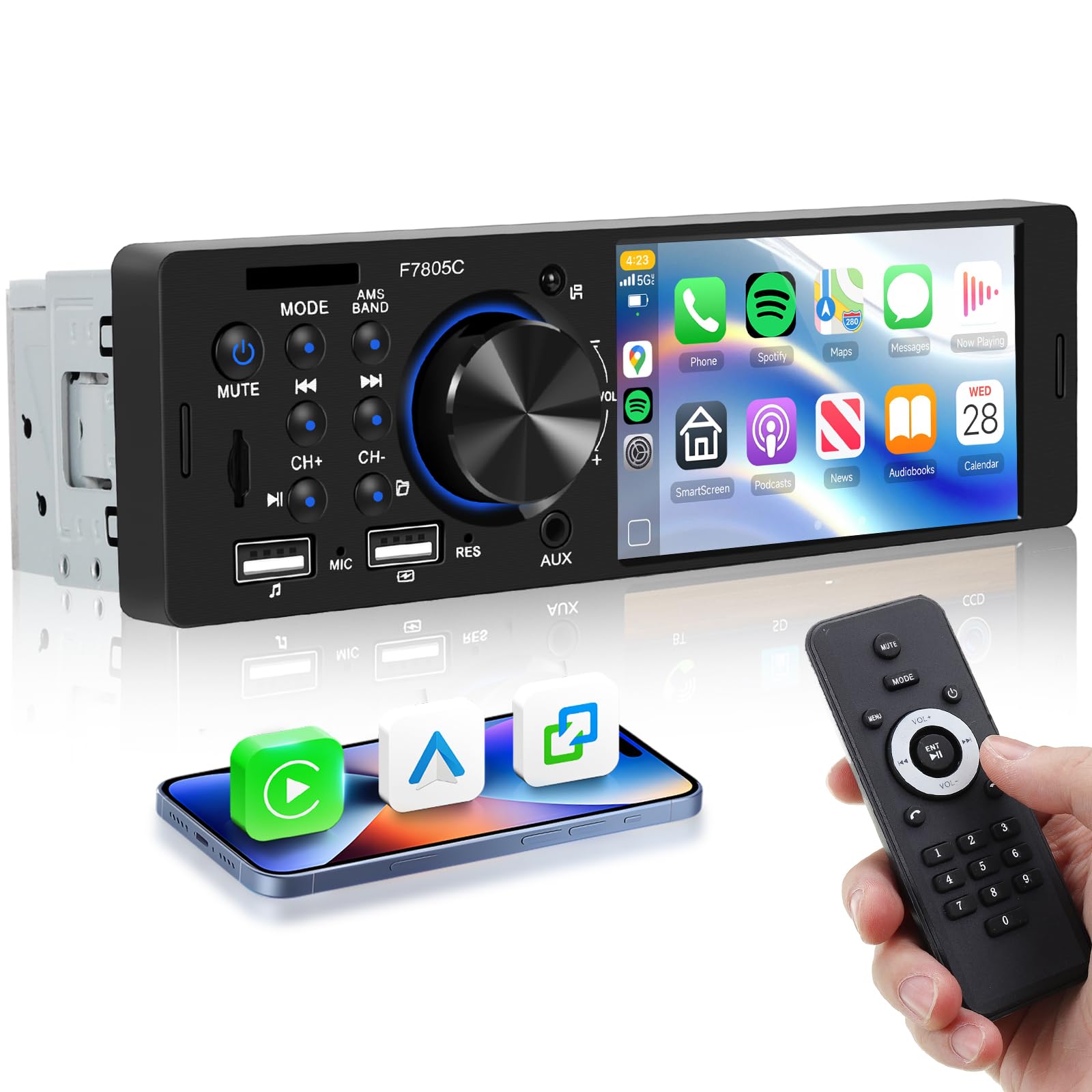 Hodozzy 1DIN 鉄道車両ステレオ Bluetooth相応う CarPlay/Android Auto サポートカーオーディオ4inタッチスクリーン MP5電気蓄音機 FM/RDS/デュアルUSB/TF/AUX/手っとり早い申し受ける役立つこと付 車輪抑えつける相応う