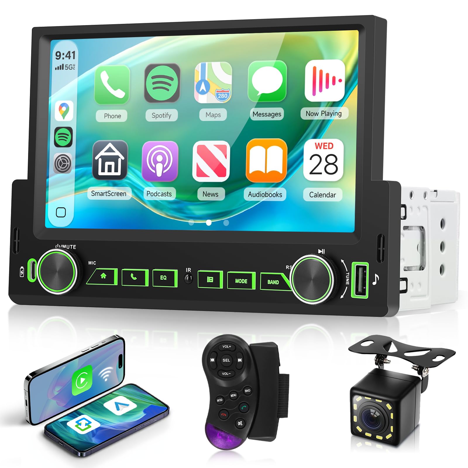 Hodozzy 1 DIN 鉄道車両ステレオ（画面付き添い人）、無線電話CarPlay・Android Auto・MirrorLink相応う、1DIN 7インチタッチスクリーンカーラジオ（Bluetooth・FMラジオ受信機・EQ・SWC・派手うしろ側点火装置積み上げる）、USB/Typ