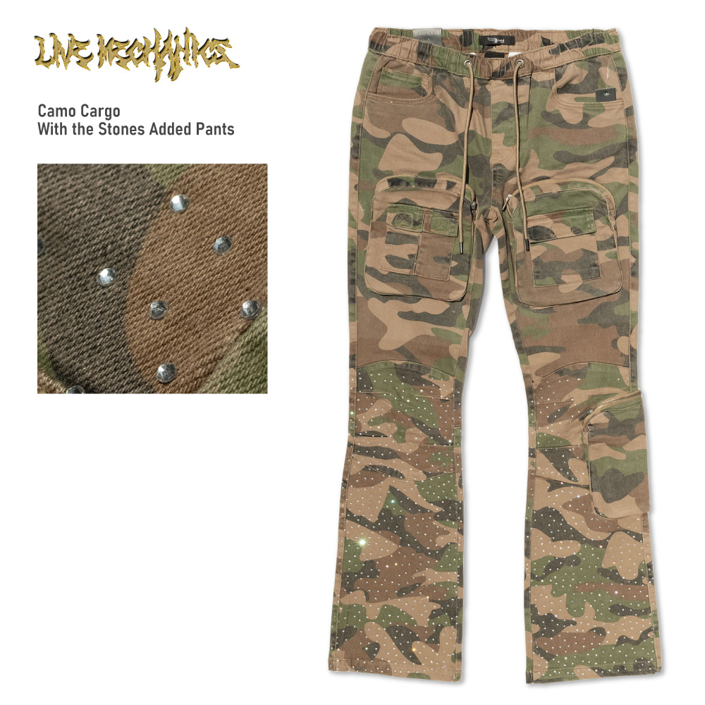 Live Mechanics ライブメカニクス 【Camo Cargo With the Stones Added Pants】 ロングパンツ スキニー フレアパンツ ラインストーン HIPHOP ビッグサイズ 大きいサイズ