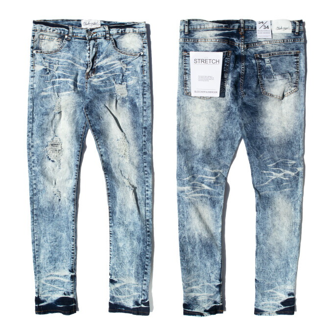 Bleecker Mercer スキニーパンツ ストレッチ ダメージ ジーンズ Pj Mark ブルー ブリーカー マーサー メンズ 大きいサイズ ビッグサイズ Skinnypants スキニージーンズ お手軽価格で贈りやすい