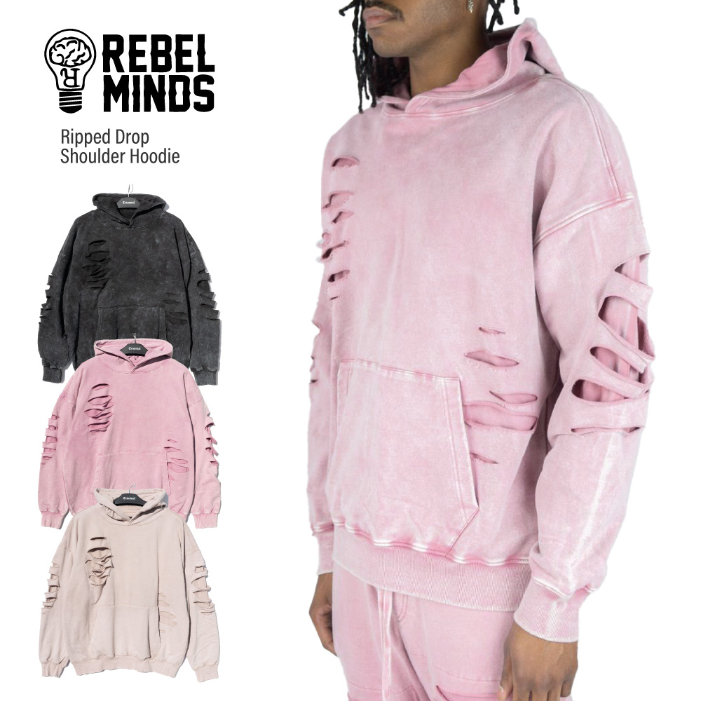 REBEL MINDS レベル マインズ 【Ripped Drop Shoulder Hoodie】 パーカー プルオーバー フーディー ダメージ加工 ブリーチ加工 セットアップ スウェット ビッグサイズ 大きいサイズ メンズ ユニセックス