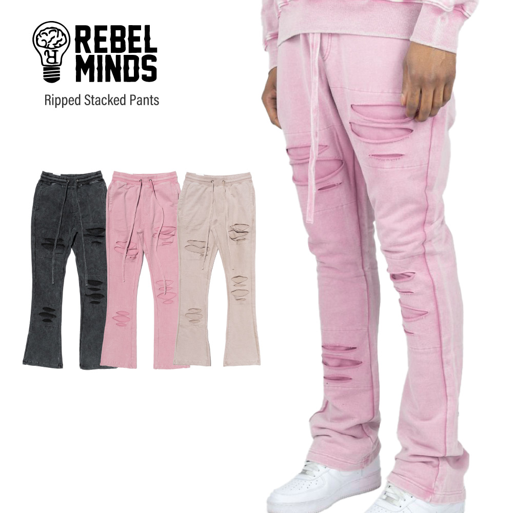 REBEL MINDS レベル マインズ 【Ripped Stacked Pants】 ロングパンツ フレアパンツ スウェット ダメージ加工 ブリーチ加工 ビッグサイズ 大きいサイズ セットアップ メンズ ユニセックス