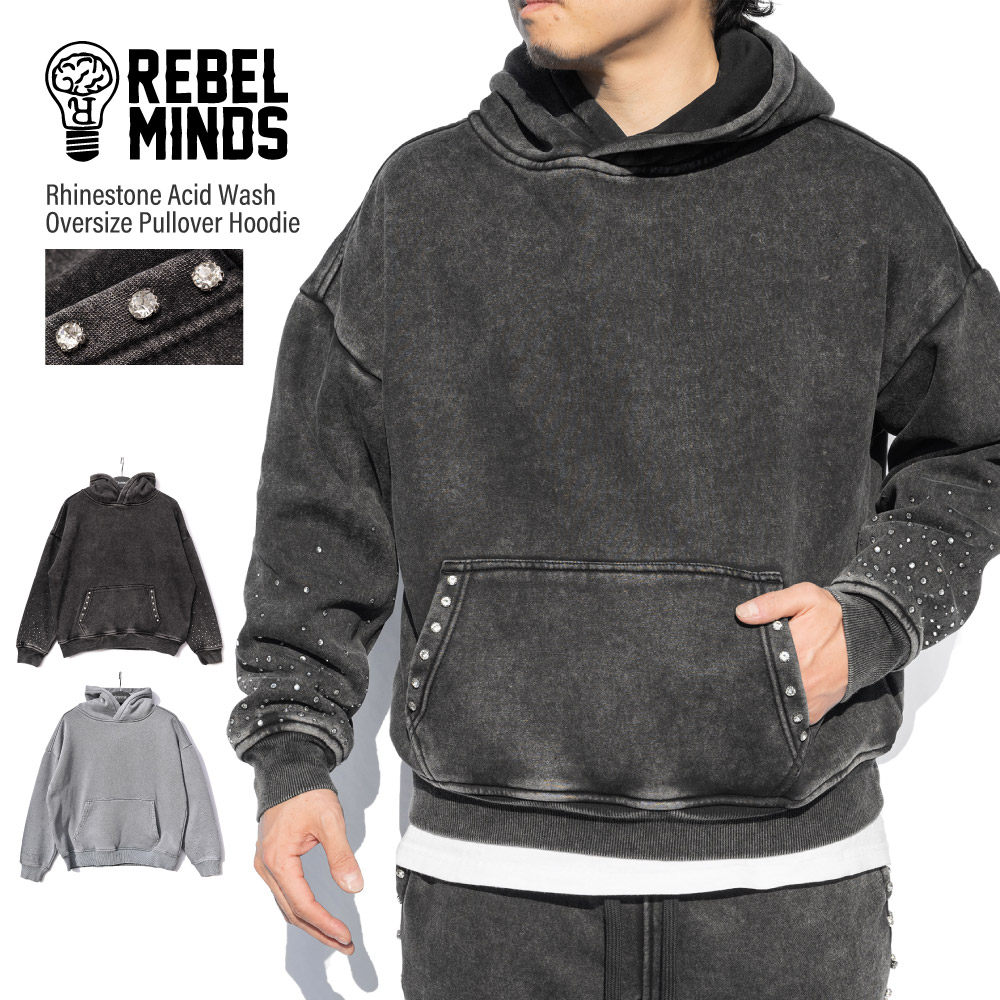 REBEL MINDS レベル マインズ 【Rhinestone Acid Wash Oversize Pullover Hoodie】 パーカー プルオーバー フーディー ラインストーン ブリーチ加工 セットアップ スウェット ビッグサイズ 大きいサイズ メンズ ユニセックス｜CRIMINAL（クリミナル）