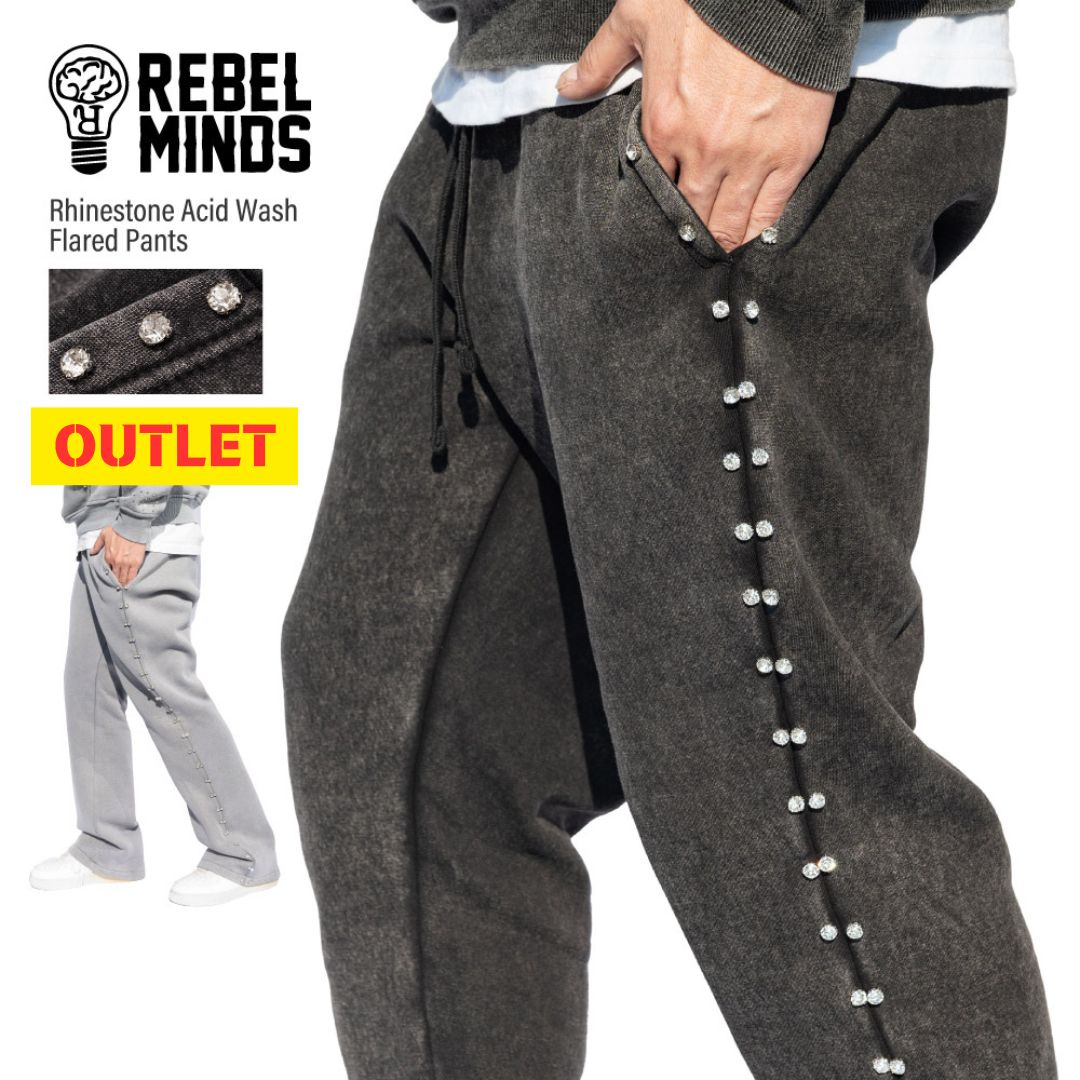 【訳ありアウトレット】REBEL MINDS レベル マインズ 【Rhinestone Acid Wash Flared Pants】 ロングパンツ フレアパンツ スウェット ラインストーン ビッグサイズ 大きいサイズ セットアップ メンズ ユニセックス