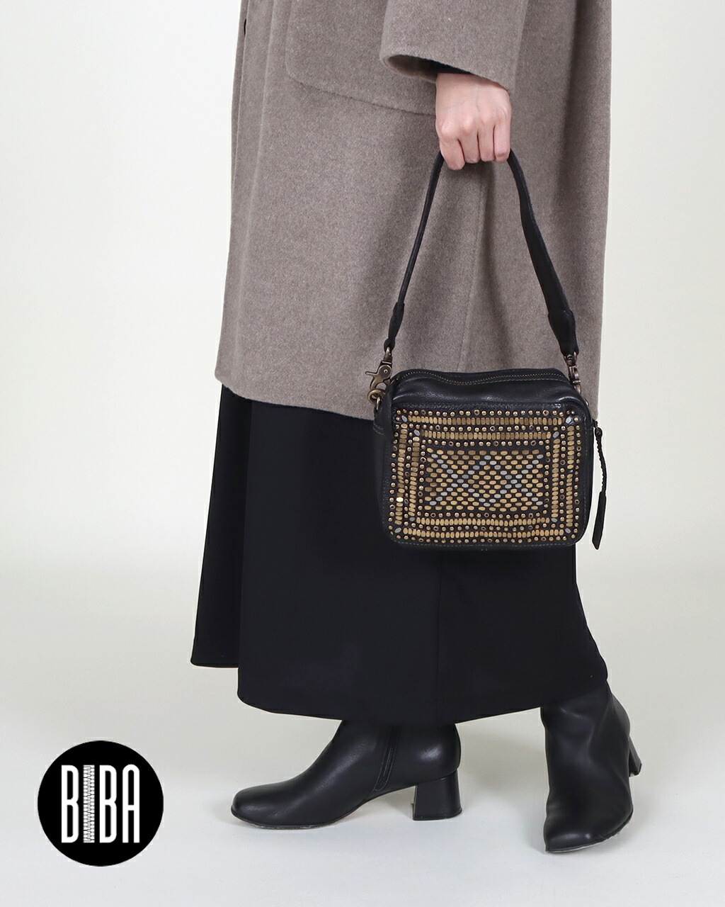 BIBA｜Etna レザーショルダーバッグ 編み込み革製 スタッズ付 4500_5.jpg