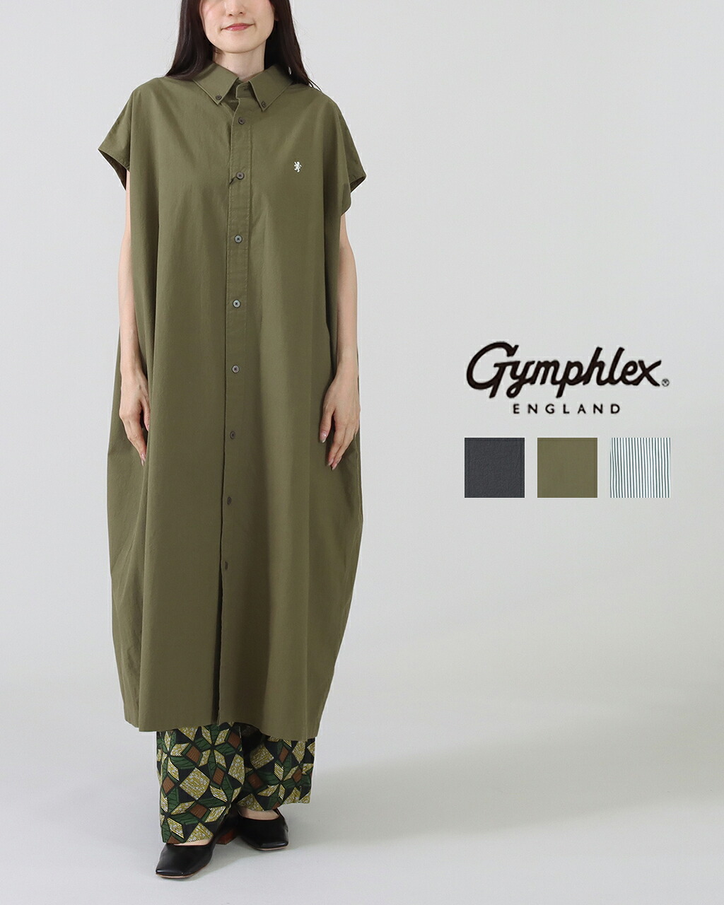 GYMPHLEX ジムフレックス スリーブレス ボタンダウンシャツ ドレス SLEEVELESS B.D. SHIRT DRESS GY-B0246TYO GY-B0246MTS フレンチスリーブ ワンピース レディース ロング ゆったり 正規品 公式 26SS