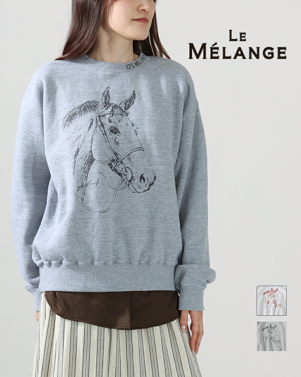 【メーカー直営店 26AW先行予約】le Melange HORSE柄イラスト トレーナー レディース スウェット ホース プリント 襟ロゴ 裏毛 綿100 コットン 長袖 クルーネック 馬 イラスト ヴィンテージ風 製品洗い トップス 大人カジュアル 正規品 公式 26AW 8641012 8641013|CROCHET クロシェ