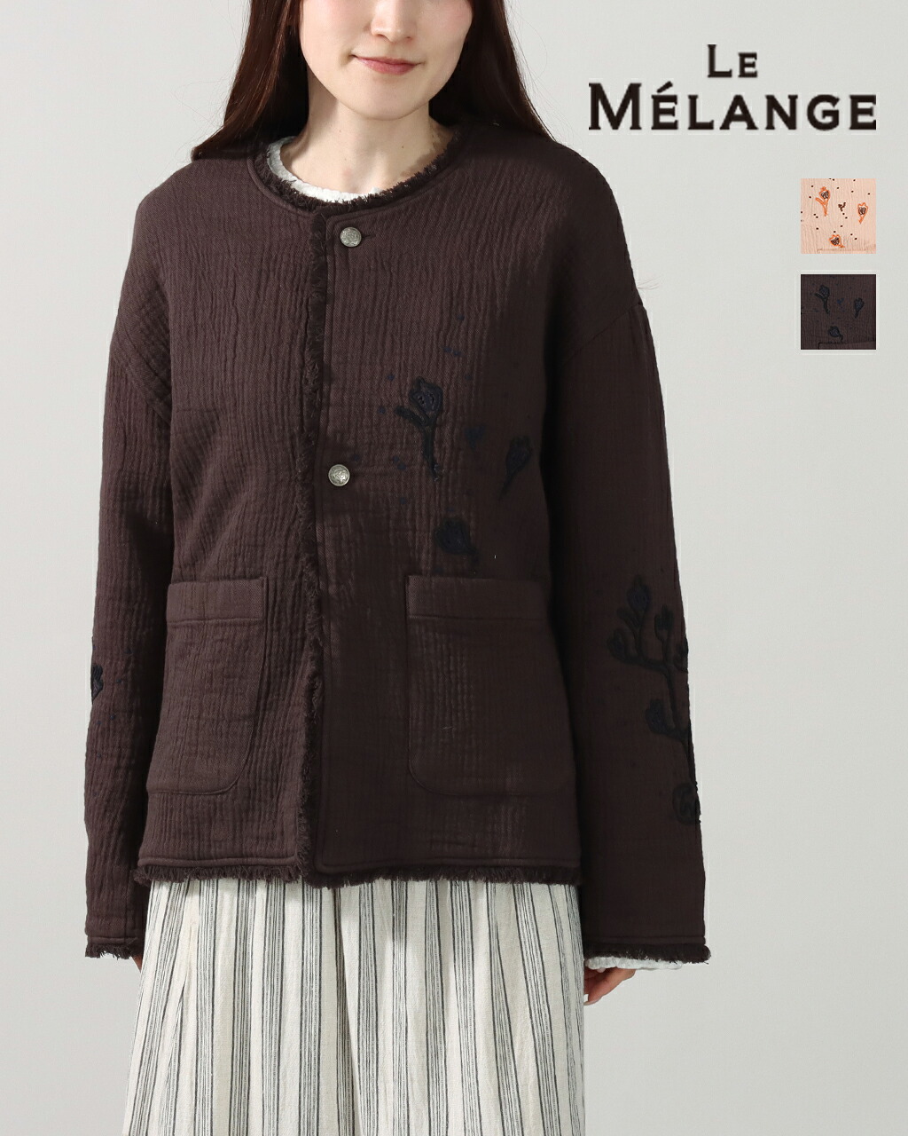 【26AW先行予約】Le Melange ルメランジュ コットン Wガーゼ 刺繍 ジャケット レディース 綿100％ ダブルガーゼ スラブ ツイル 刺繍ジャケット コード刺繍 カットワーク フリンジ コンチョボタン クルーネック ノーカラー 羽織り アウター 正規品 公式 26AW 8643804
