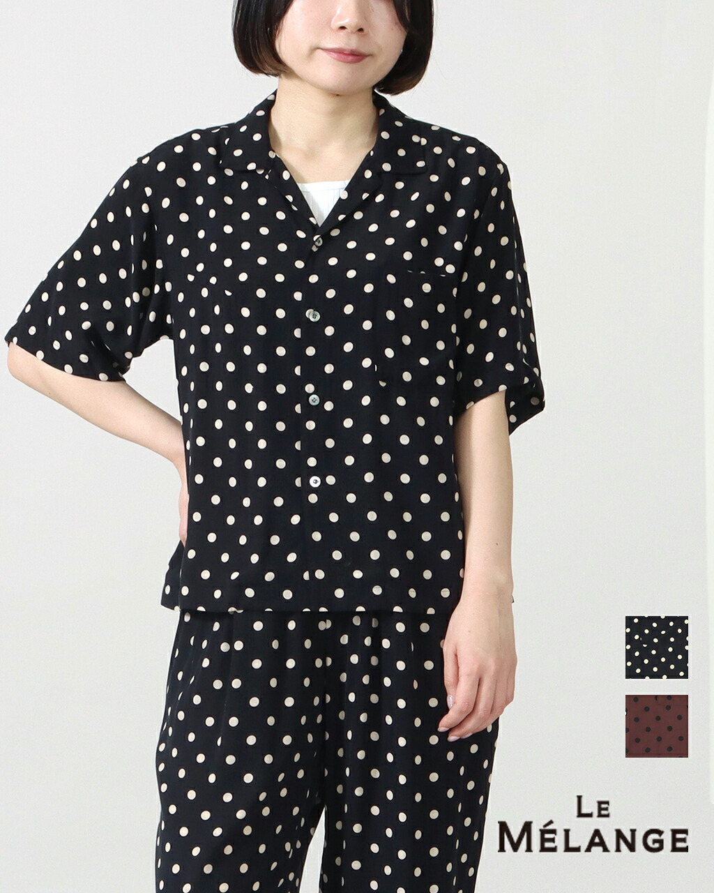 【1点10% 2点15%off】le Melange ルメランジュ ドット柄 イペカ シャツ 8623201 IPECA トルコ 老舗 高級生地 プリント ドット 水玉 アロハシャツ アロハ 開襟シャツ オープンカラー 半袖 ブラウス セットアップ キュプラ レーヨン 上品 正規品 公式 26SS 春