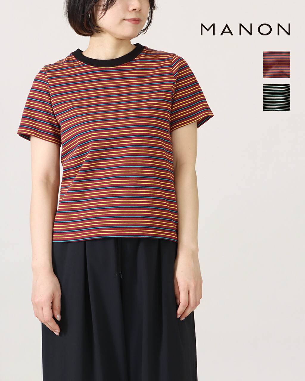 【26SS先行予約】MANON マノン MULTI BORDER SS TEE マルチボーダー ショートスリーブ Tシャツ MNN-C-179 ボーダー カットソー コットン 綿 ドライ 柔らかい さらさら ハリ感 厚手 透けない トップス ベーシックサイズ レディース 無地 公式 正規品 26SS 【ゆうパケット】