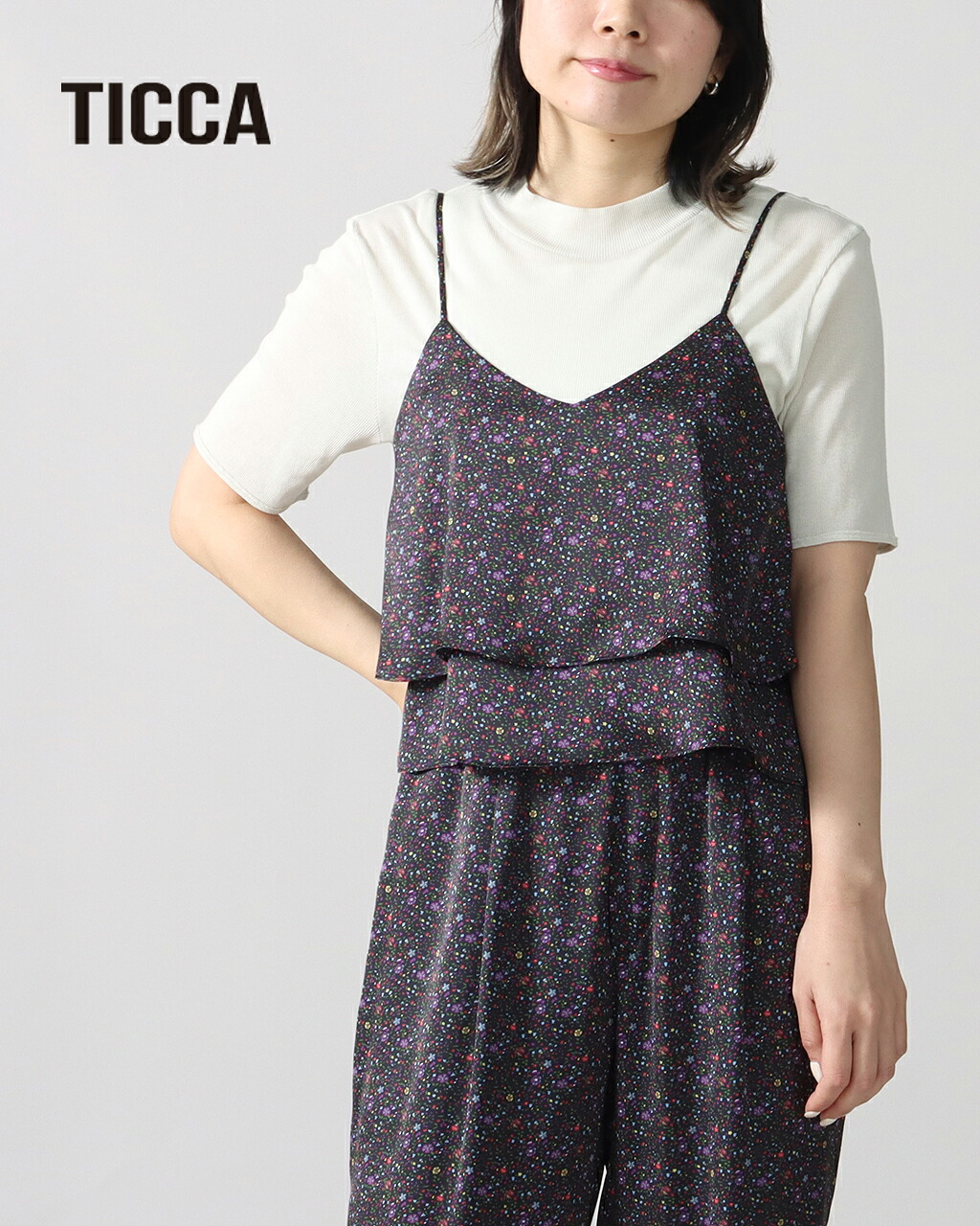 【5%off+P10倍 20時~】TICCA ティッカ リトルフラワープリントビスチェ TBFS_081 2WAYビスチェ 花柄 小花 プリントビスチェ セットアップ ポリエステル 新色 フェミニン 上品 光沢感 サテン素材 アート感 華やか ゆうパケット