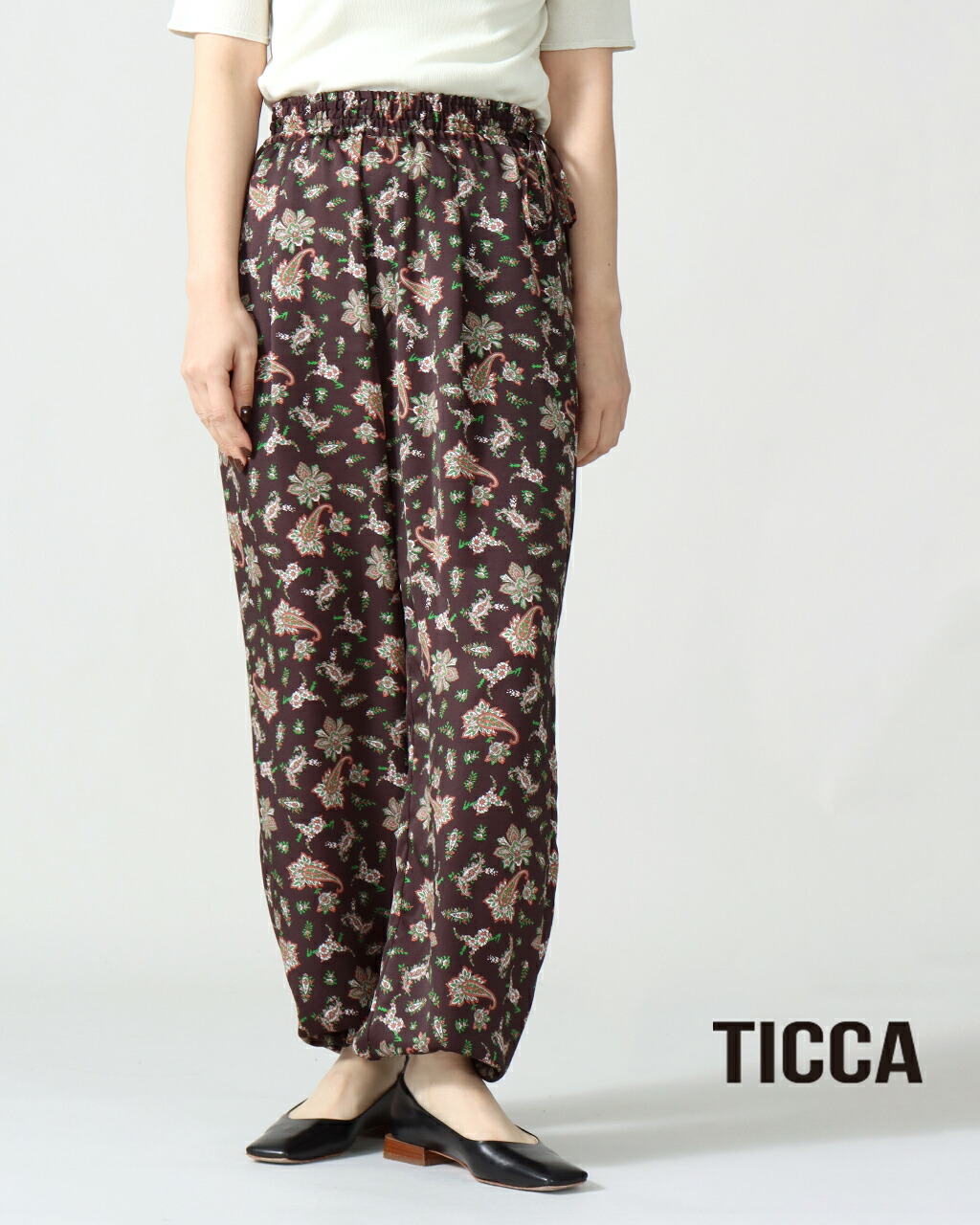 【1点10% 2点15%off】TICCA ティッカ ペイズリー プリントパンツ TBFS_092 2WAYパンツ プリントパンツ ウエストゴム ポリエステル ワイド ストレート バルーン 新色 フェミニン 上品 光沢感 サテン素材 アート感 華やか