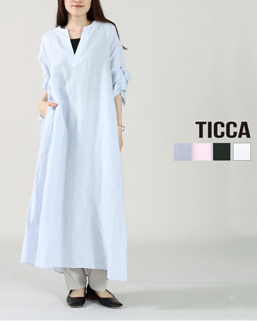 【26SS先行予約】TICCA ティッカ リネンツイストスリーブワンピース TBFS-405 ワンピース シャツワンピース チュニック ロング丈 無地 半袖 清涼感 ウォッシャブル 正規品 26SS