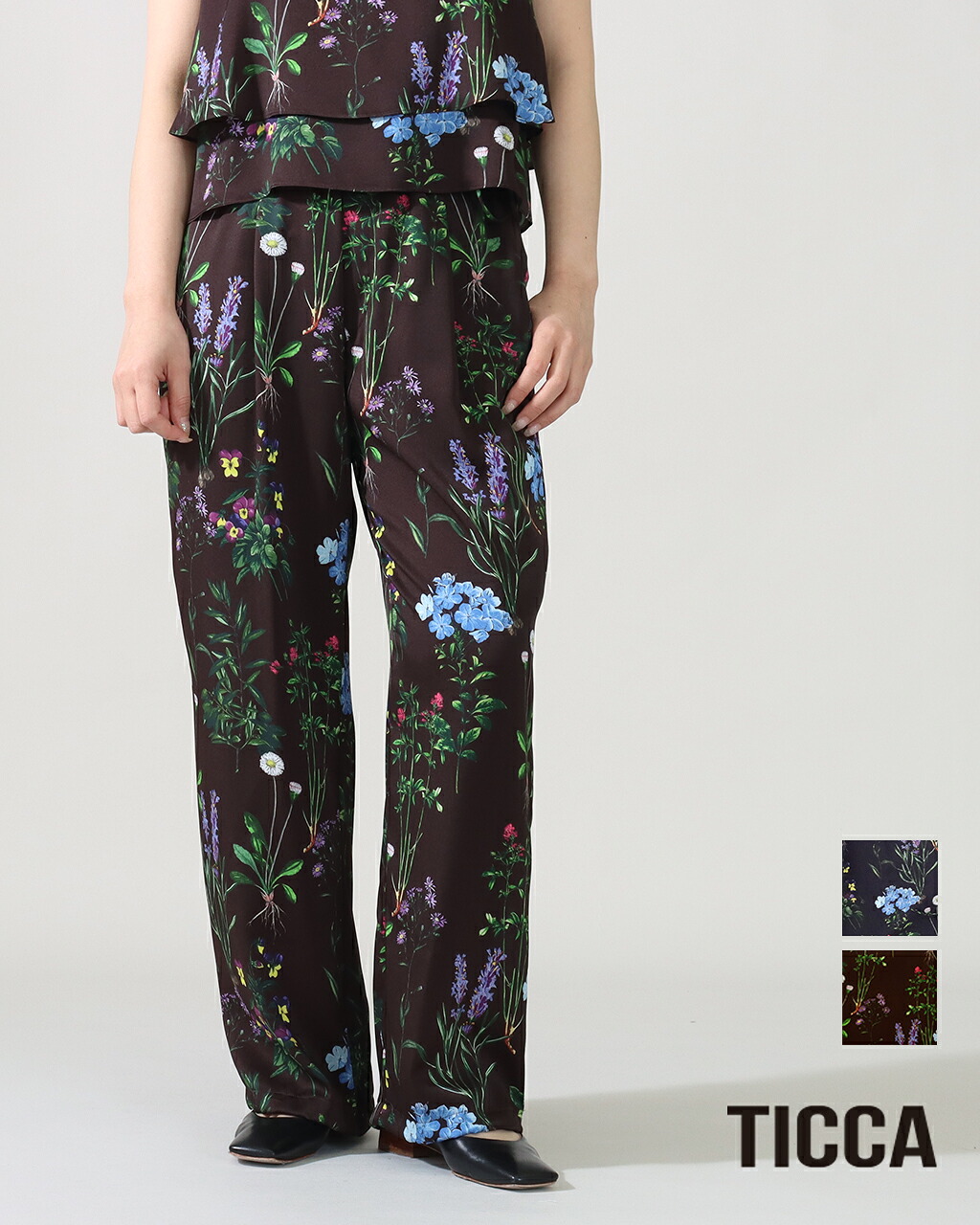 【まとめ買いさらに10%OFF】TICCA ティッカ フラワープリントパンツ TBFS-422 2WAYパンツ 花柄 プリントパンツ ウエストゴム ポリエステル ワイド ストレート バルーン 新色｜CROCHET クロシェ