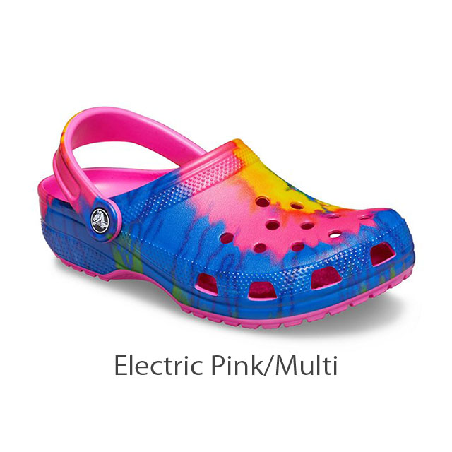 electric pink multi crocs