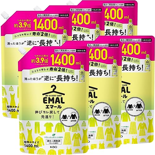 【ケース販売】エマール 伸びヨレ戻して元通り、洗ったほうが、逆に長持ち リフレッシュグリーンの香り 詰替え用 1400ｍｌ×6個 大容量