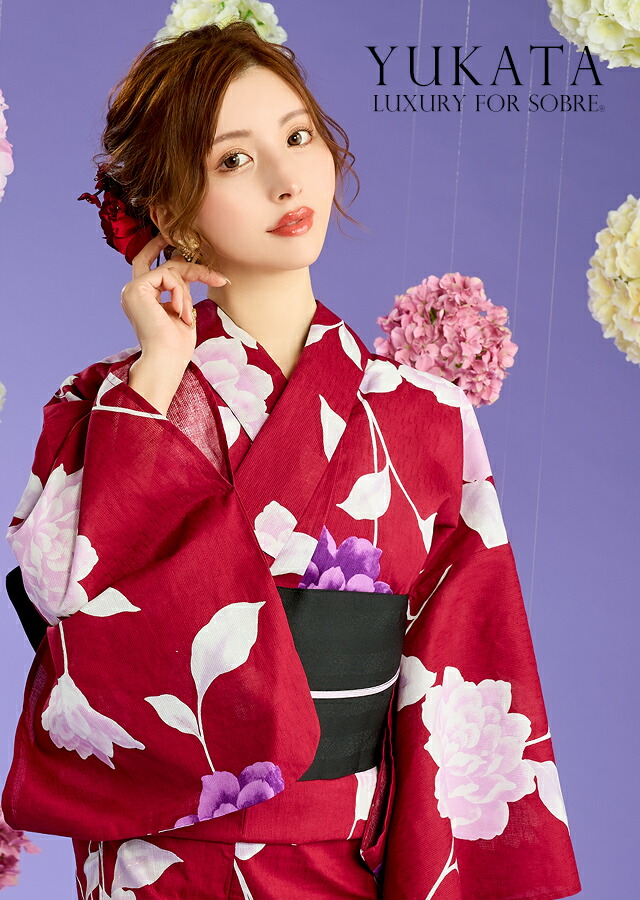艶やか牡丹柄浴衣5点セット 作り帯 下駄 腰紐 レトロ 華やか 大人 モダン 浴衣セット 浴衣 セット 個性派 高級