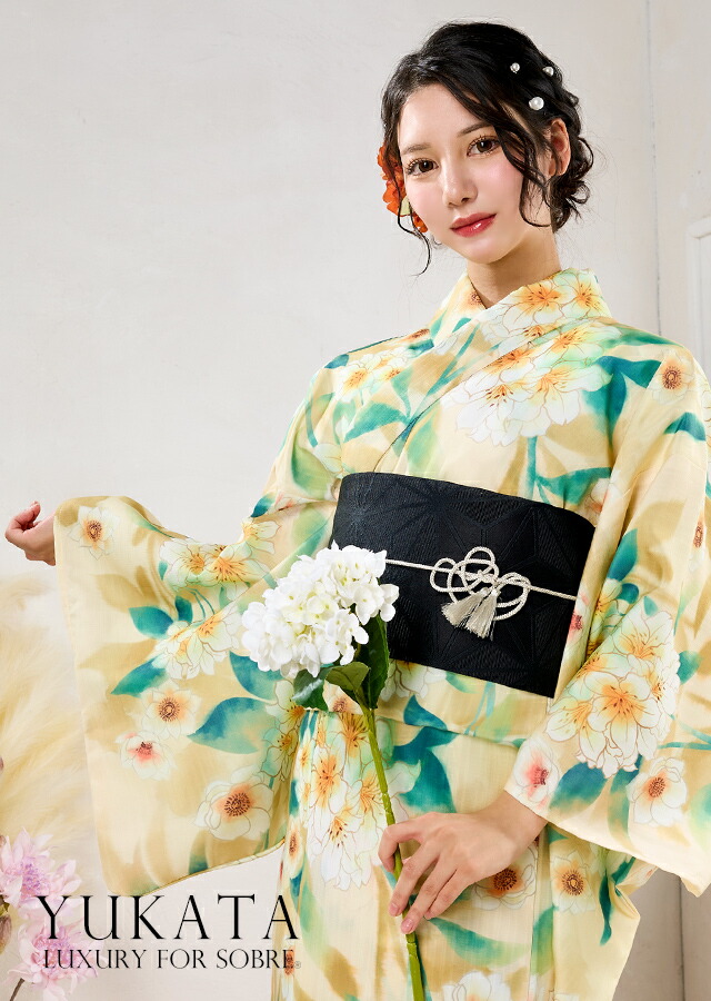 水彩花重ね柄浴衣5点セット 作り帯 下駄 腰紐 レトロ 華やか 大人 モダン 浴衣セット 浴衣 セット 個性派 高級｜crossSBR