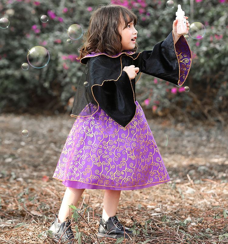 ハロウィン 仮装 ドレス 魔女 黒 子供 キッズ 魔女っ娘 3点セット コスプレ 可愛い 衣装 パープル 女の子 デビル ワンピース