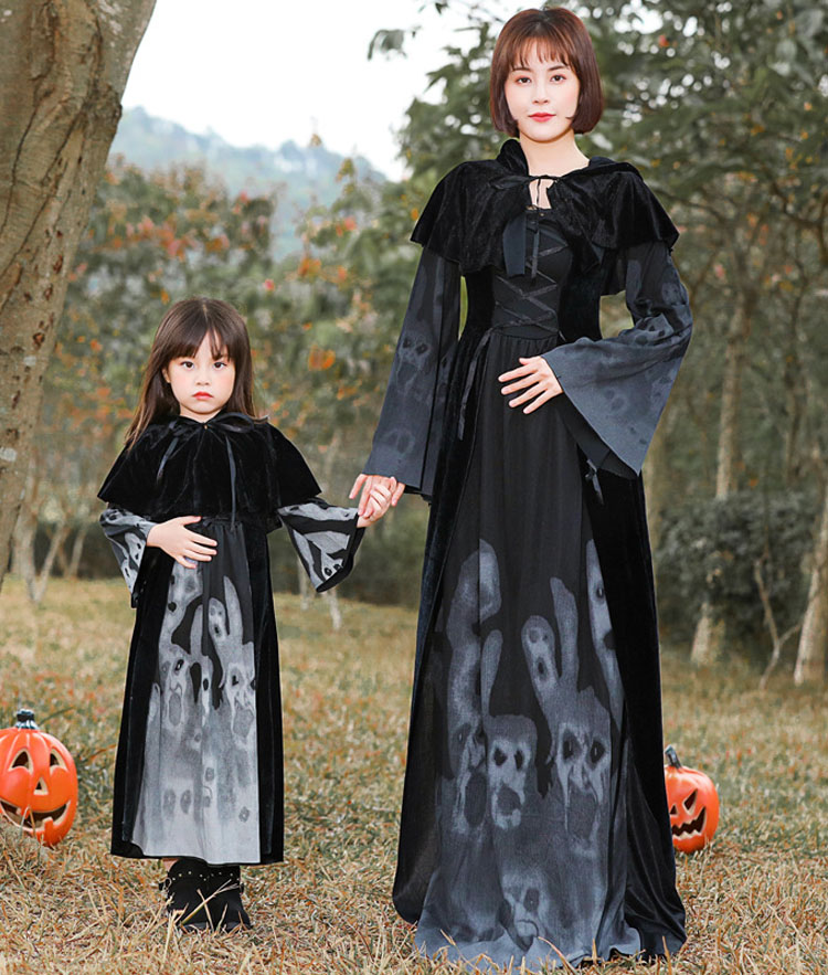 直営店に限定 ハロウィン 仮装 デビル 魔女 女巫 コスプレ リンクコーデ 親子 ペア 子供 黒 ワンピース コスチューム 変装 可愛い 魔女っ娘 帽子付き ケープ ウィッチ ハハ 娘 パーティー ステージ 発表会 舞台劇 テーマパーク 魔法使い 送料無料 Qdtek Vn