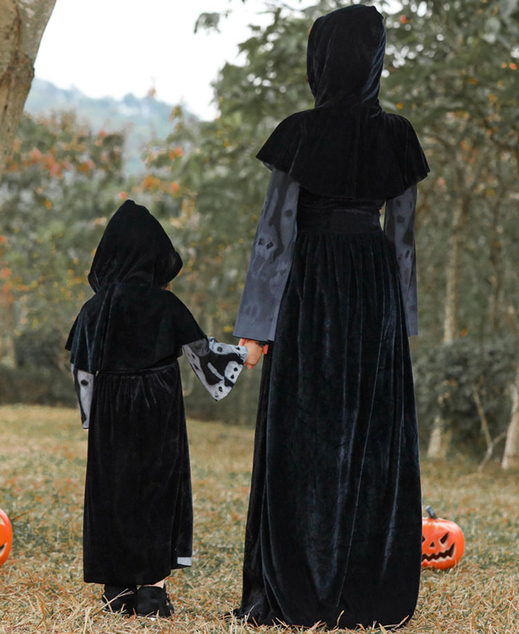直営店に限定 ハロウィン 仮装 デビル 魔女 女巫 コスプレ リンクコーデ 親子 ペア 子供 黒 ワンピース コスチューム 変装 可愛い 魔女っ娘 帽子付き ケープ ウィッチ ハハ 娘 パーティー ステージ 発表会 舞台劇 テーマパーク 魔法使い 送料無料 Qdtek Vn