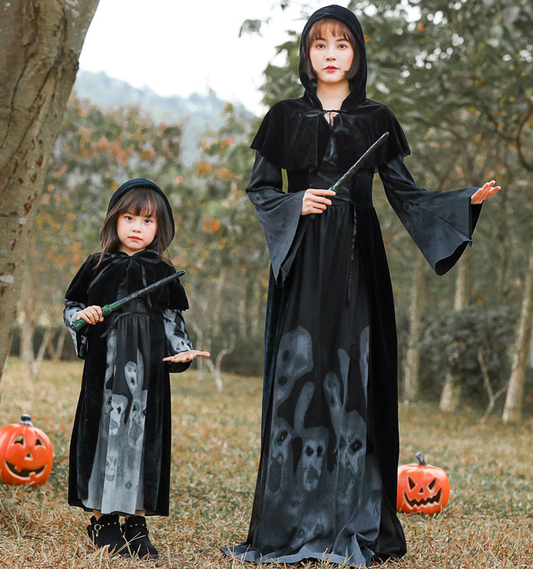 直営店に限定 ハロウィン 仮装 デビル 魔女 女巫 コスプレ リンクコーデ 親子 ペア 子供 黒 ワンピース コスチューム 変装 可愛い 魔女っ娘 帽子付き ケープ ウィッチ ハハ 娘 パーティー ステージ 発表会 舞台劇 テーマパーク 魔法使い 送料無料 Qdtek Vn
