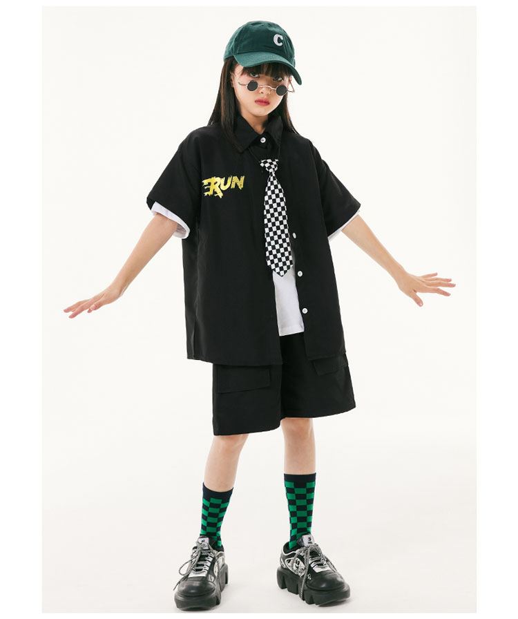 市場 キッズ ダンス ヒップホップ 黒 韓国 半パンツ ズボン 男の子 ブラック 演出服 k-pop シャツ 女の子 衣装 子供 セットアップ
