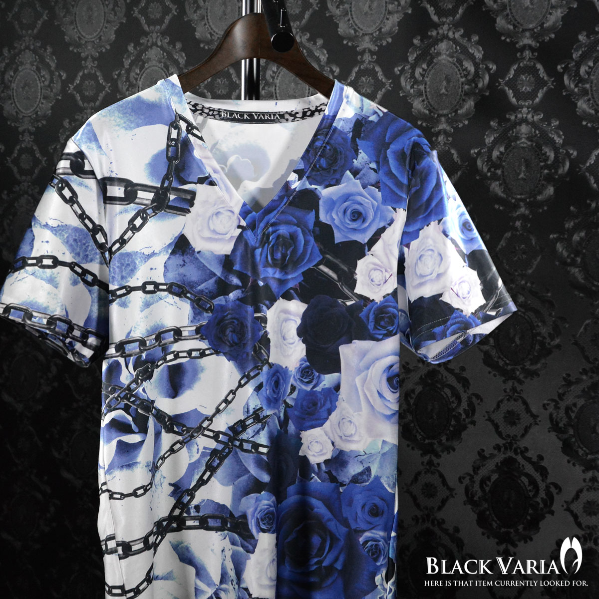 【楽天市場】Tシャツ 花柄 バラ柄 薔薇 チェーン Vネック 半袖Tシャツ メンズ mens(ブルー青) bv03：BLACK VARIA