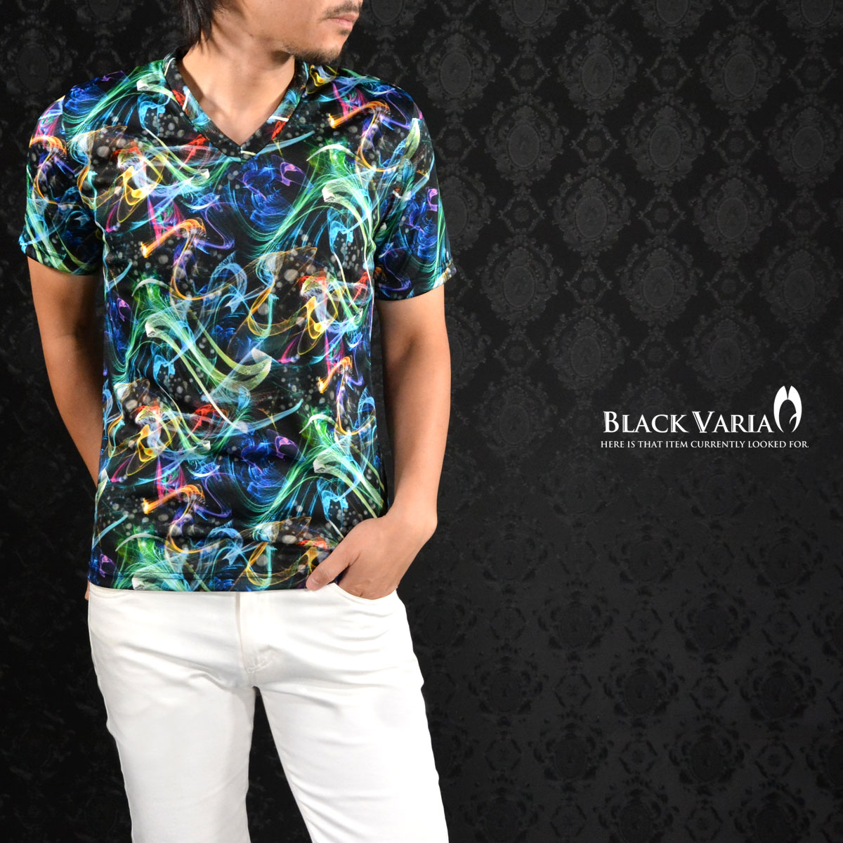 楽天市場 Tシャツ 幾何柄 光 Vネック 薄手 総柄 ムラ 半袖tシャツ メンズ Mens グリーン緑ブラック黒 Black Varia ブラックバリア
