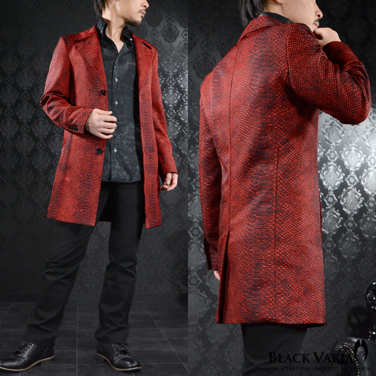楽天市場 Mのみ ロングコート チェスターコート ヘビ柄 蛇 パイソン柄 シングル 3ボタン アウター メンズ Mens レッド赤ブラック黒 Black Varia ブラックバリア