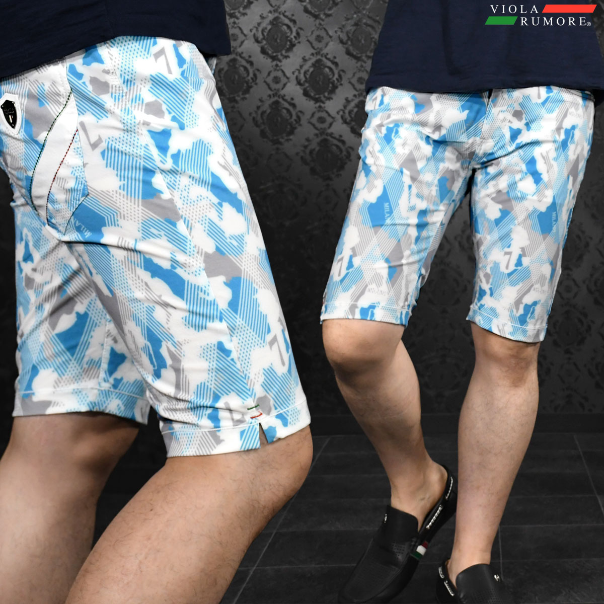 楽天市場 Viola Rumore ヴィオラ ビオラ ハーフパンツ メンズ カモ柄 膝上 ストレッチ 短パン チェック ショートパンツ Mens ターコイズブルー青ホワイト白 Black Varia ブラックバリア